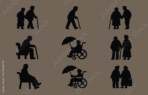 Silhouette icons of elderly people walking sitting and wheelchair users