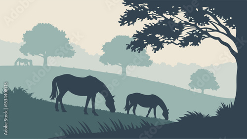 Silhouette of horses grazing in a serene rural landscape. Mare and foal on a peaceful misty hillside with trees.