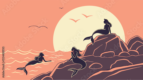 Mermaids silhouette on ocean rocks at sunset. Fantasy mythical sea creatures at sunrise or dusk. Beautiful ocean landscape.