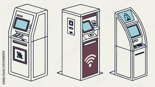 Vector illustration of self-service kiosk machines. Digital terminals for payment, information, and modern business technology.