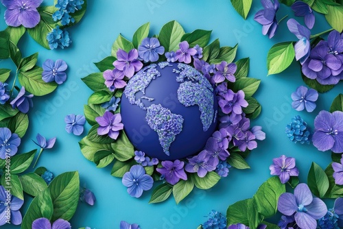 Fototapeta Naklejka Na Ścianę i Meble -  Earth surrounded by flowers and leaves on a blue background