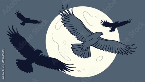 Flying Eagles and Birds of Prey Silhouetted Against a Full Moon in the Night Sky. Freedom, Wildlife, Nature.