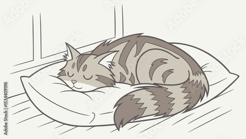 Cute striped cat sleeping peacefully on a soft pillow. Adorable domestic pet resting comfortably in a cozy home environment.