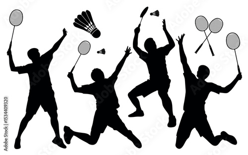 Vector art of dynamic silhouettes of badminton players in action, isolated on white background, a vector illustration capturing the energy of the sport