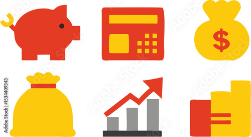 Vector art of a vibrant set of vector icons depicting financial growth, isolated on white background, showcases a piggy bank, calculator, money bags, and upward trending graphs in bold red and yellow