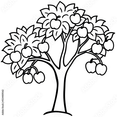 Black and White Apple Tree Trunk Sketch with Apple Clusters