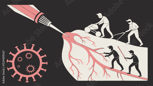 Heart disease medical treatment. Doctors and healthcare team fighting virus and infection for patient recovery.