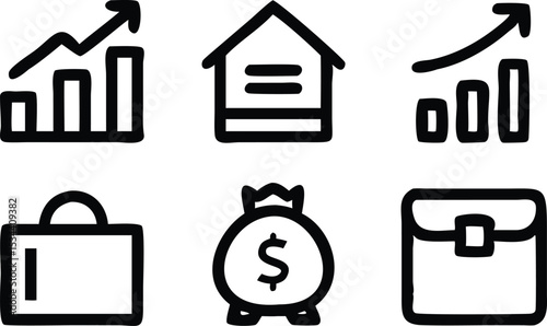 Vector art of a set of handdrawn vector icons depicting financial growth, real estate, and business assets isolated on white background