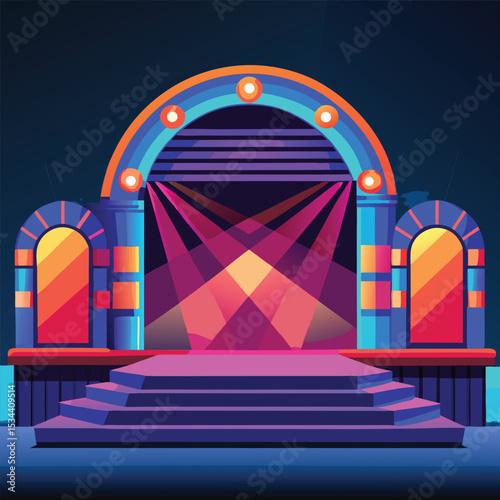Colorful stage with spotlights and design suitable for performances and entertainment events