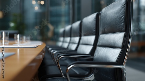 Empty conference room with leather chairs and glasses on a wooden table, ready for a meeting.
