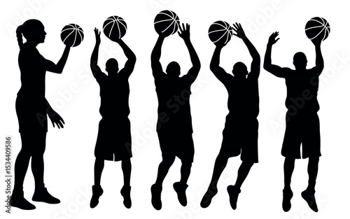 Vector art of five basketball players, isolated on white background, silhouetted in midaction, showcasing dynamic poses and athleticism