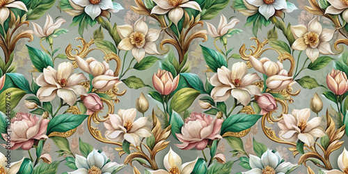 Elegant floral pattern with pastel blooms and intricate golden accents.