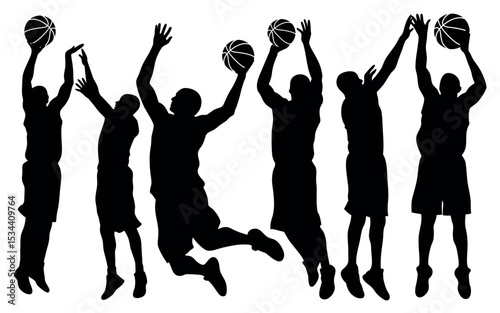 Vector art of silhouetted basketball players leap and reach for the ball, isolated on white background