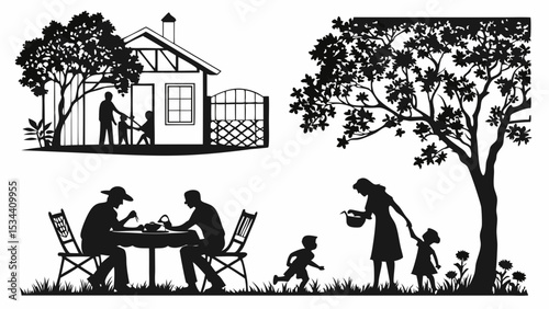 Family lifestyle silhouette collection with parents, children, home, garden, outdoor dining, and nature tree vector.