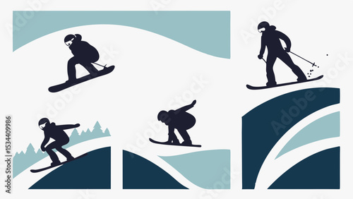 Winter sports vector icons set. Skiing, snowboarding, skier, snowboarder silhouettes on snow mountains and slopes.