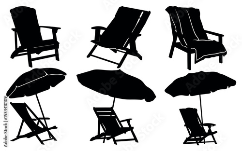 Vector art of silhouette vector illustration of beach chairs and umbrellas isolated on white background