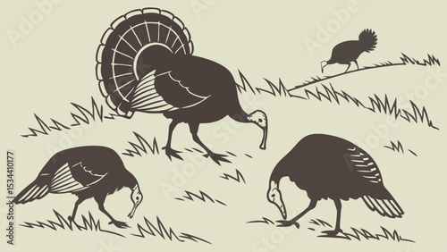 Flock of wild turkeys foraging in a grassy field. Male turkey displaying feathers. Nature wildlife illustration.