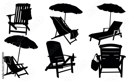 Vector art of a collection of beach chairs and umbrellas, isolated on white background, depicted in a stark black and white vector illustration