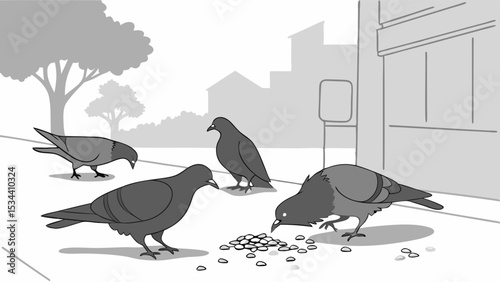 Pigeons feeding on seeds on a city sidewalk. Urban birds in a group eating outdoors in a town setting, common street scene.
