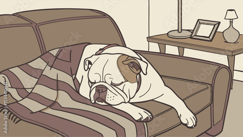 Sleeping bulldog on a cozy couch with a blanket. Relaxed pet dog napping peacefully at home in a comfortable living room.