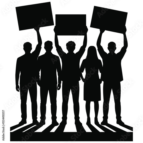 Black and white silhouette of a diverse group in protest holding blank placards for activism and solidarity