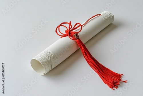Elegant diploma rolled with intricate details and a red tassel on a clean surface ready for celebration