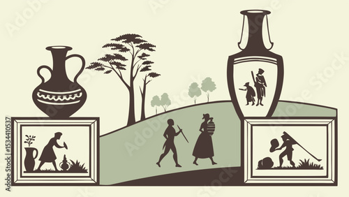 Classical silhouette art of ancient daily life with people, vases, and rural landscape. Traditional historical illustration.