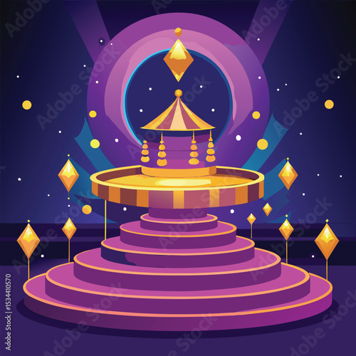 Colorful stylized illustration of a stage with a gazebo and floating diamond shapes in a celestial setting