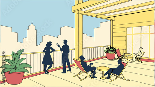 Group of people socializing on a modern rooftop terrace with city skyline. Urban lifestyle, outdoor leisure, business networking.