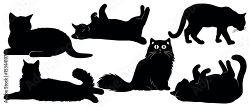 Vector art of a collection of playful black cat silhouettes, isolated on white background, showcasing a variety of poses and expressions