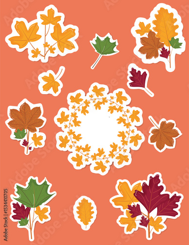 Stickers autumn leaves, wreath and bouquets. Vector set of colorful leaves