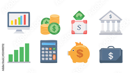 Financial Icons: A set of eight vibrant financial icons, illustrating key concepts of finance and banking, including graphs, money, piggy banks, and more. Perfect for presentations, websites.