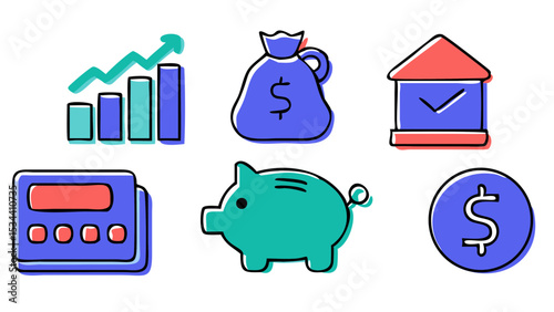 Vector art of a vibrant vector illustration of financial growth, featuring icons of a rising graph, money bag, bank, calculator, piggy bank, and dollar sign, isolated on white background