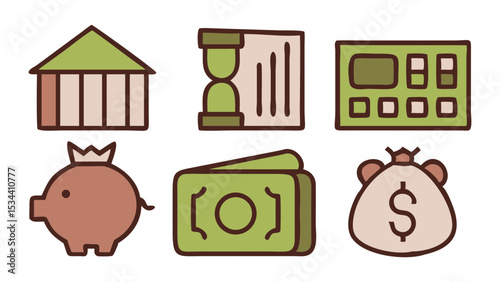 Vector art of a set of charming vector icons depicting financial concepts, including a bank, hourglass, calculator, piggy bank, cash, and money bag, isolated on white background
