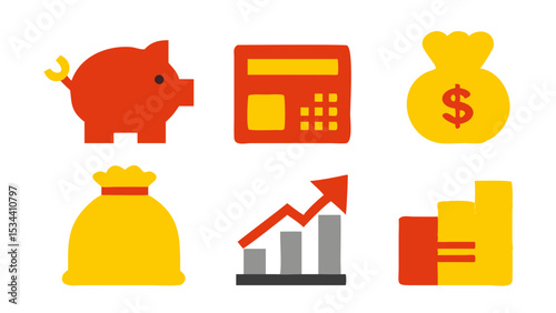 Vector art of a vibrant set of vector icons depicting financial growth, isolated on white background, showcases a piggy bank, calculator, money bags, and upward trending graphs in bold red and yellow
