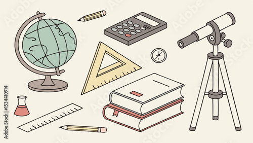 Education and science tools set. School supplies for learning, study, math, geography, and astronomy. Knowledge concept.