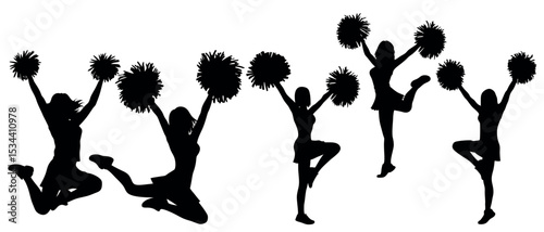 Vector art of silhouetted cheerleaders, isolated on white background, leap and pose with pompoms in dynamic vector art