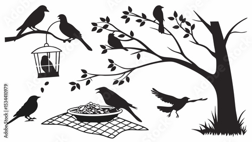 Bird silhouettes set including tree, bird cage, flying birds, and various poses. Nature and freedom concept.