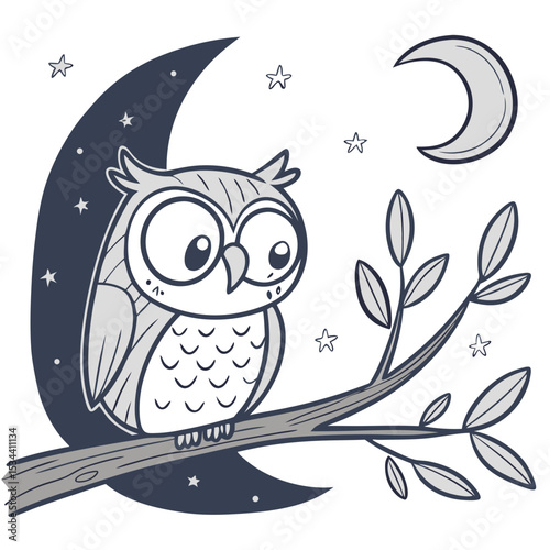 Cute stylized owl sitting on a branch under a moon and stars in a night sky