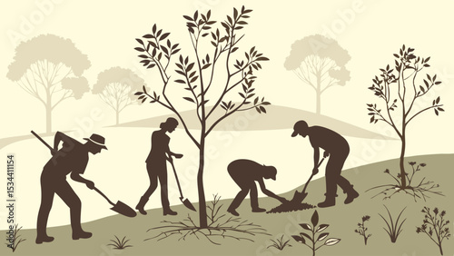 People planting trees. Group working together for reforestation, nature conservation, and environmental sustainability.