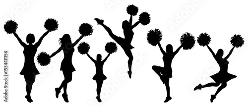 Vector art of silhouetted cheerleaders, isolated on white background, leap and twirl with pompoms in dynamic poses