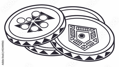 Black and white line art illustration of fantasy game coins or tokens with abstract symbols. Simple graphic design vector isolated.