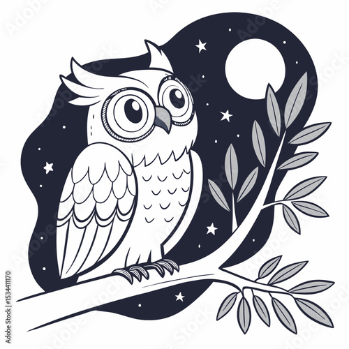 Stylized monochrome owl perched on a branch under a moonlit night sky with stars