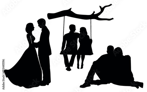 Vector art of silhouette vector art depicts three couples one dancing, one on a tree swing, and one sitting close, isolated on white background