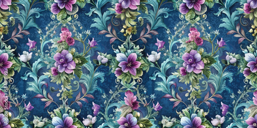 Exquisite floral pattern featuring vibrant purple and white flowers on a deep blue background.