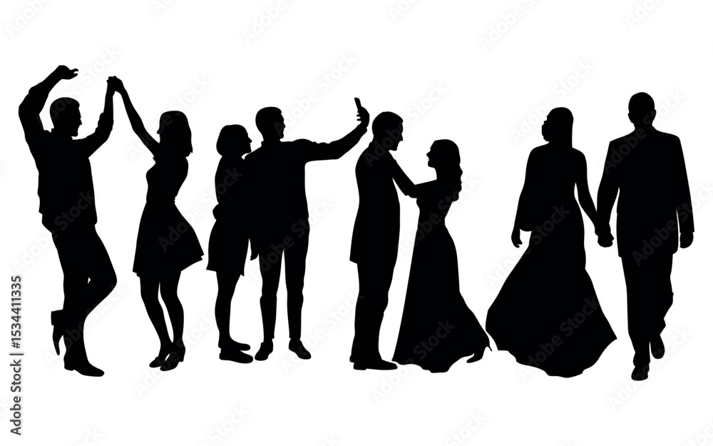 Obraz premium Vector art of silhouette vector of couples joyfully celebrating, isolated on white background