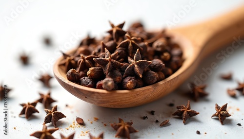 Wallpaper Mural Close-up shot of star anise spice in wooden spoon. Culinary delight, food photography with bright lighting. Herbal, seasoning, warming flavor, wellness, rich taste. Used in tea, cooking, medicine. Torontodigital.ca