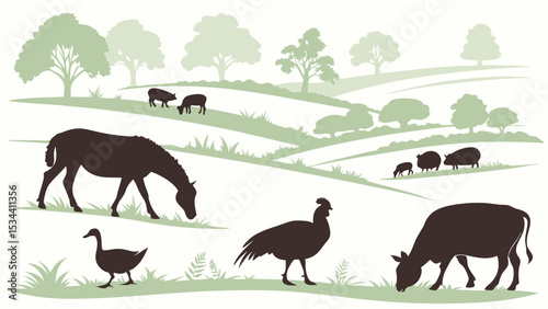 Farm animals and livestock grazing on green rolling hills. Rural countryside landscape, agriculture, and nature.
