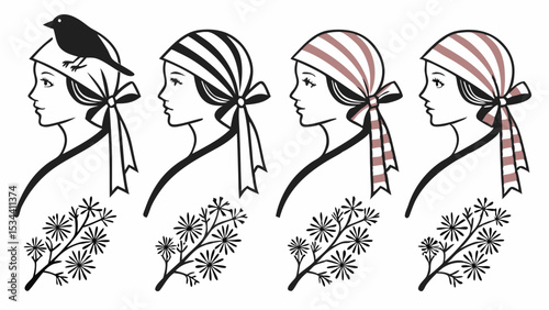 Woman wearing headscarf with bird and flowers. Vintage fashion accessory, female profile vector illustration.