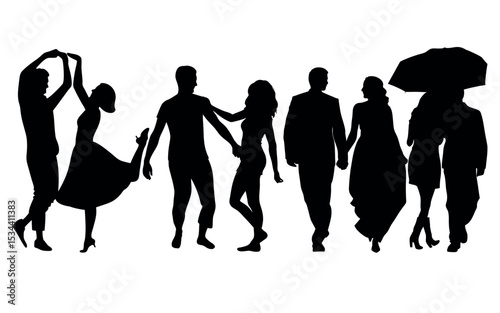 Vector art of silhouette vector illustration of couples dancing and strolling, isolated on white background